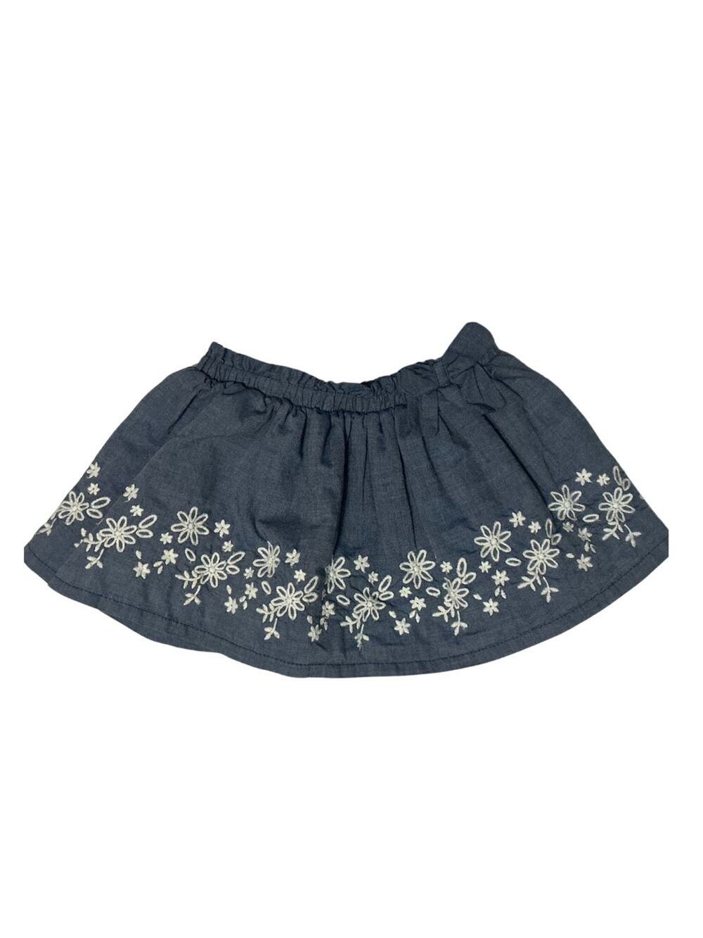 Baby Girl 9M Lined Flare Skirt White Embroidered Flowers Blue Denim-like